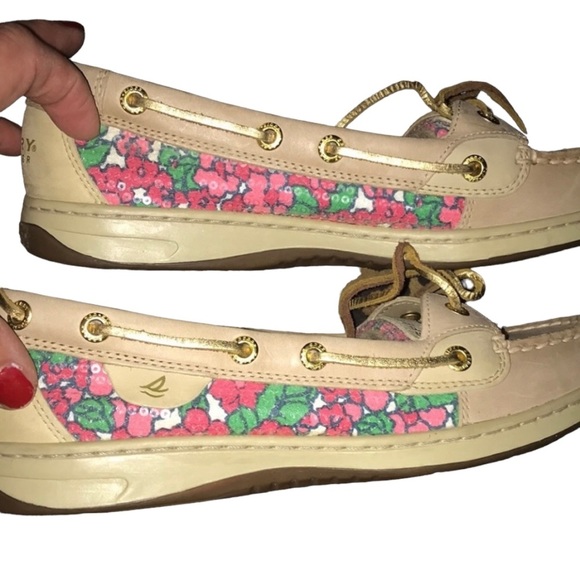 Sperry Top Siders size 8 tan deck shoes multi color trim sequin detail - Picture 2 of 11